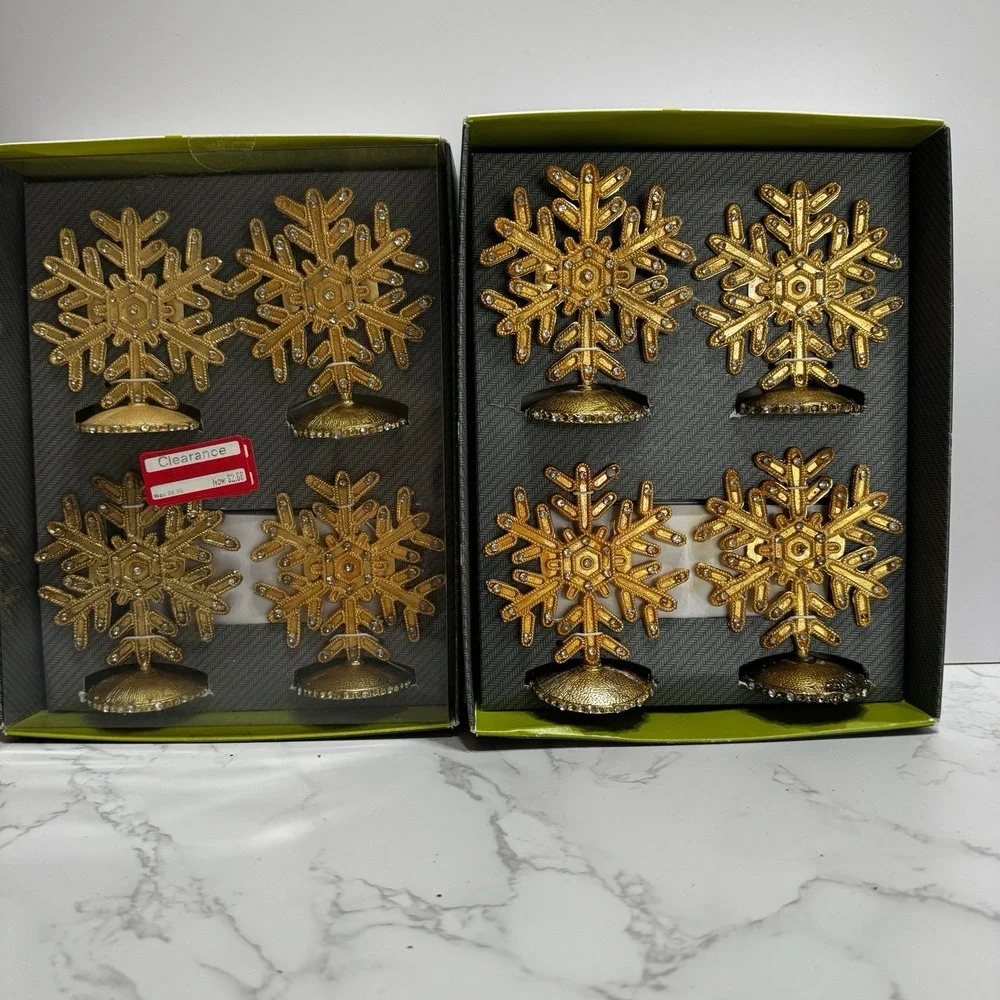 Christmas Fall Gold Glitter Snow Flake Dinner Place Card Holders Set of 8 3.5